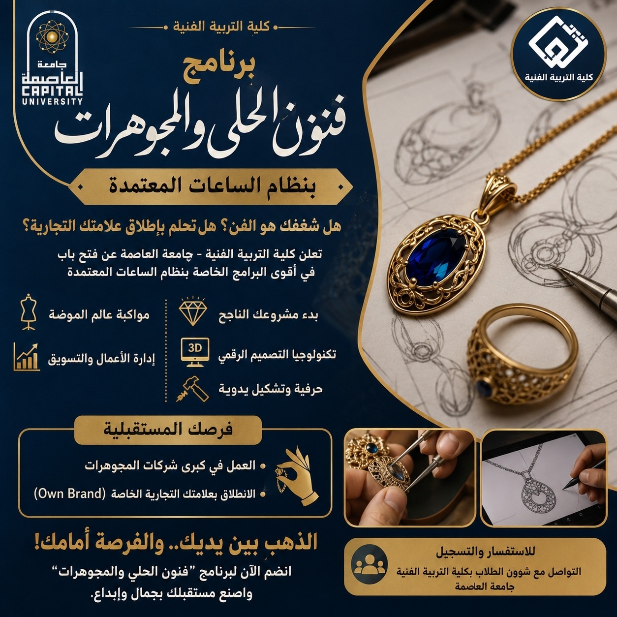 جامعة العاصمة تطلق برنامج «فنون الحلي والمجوهرات» بكلية التربية الفنية للعام الجامعي 2026/2027