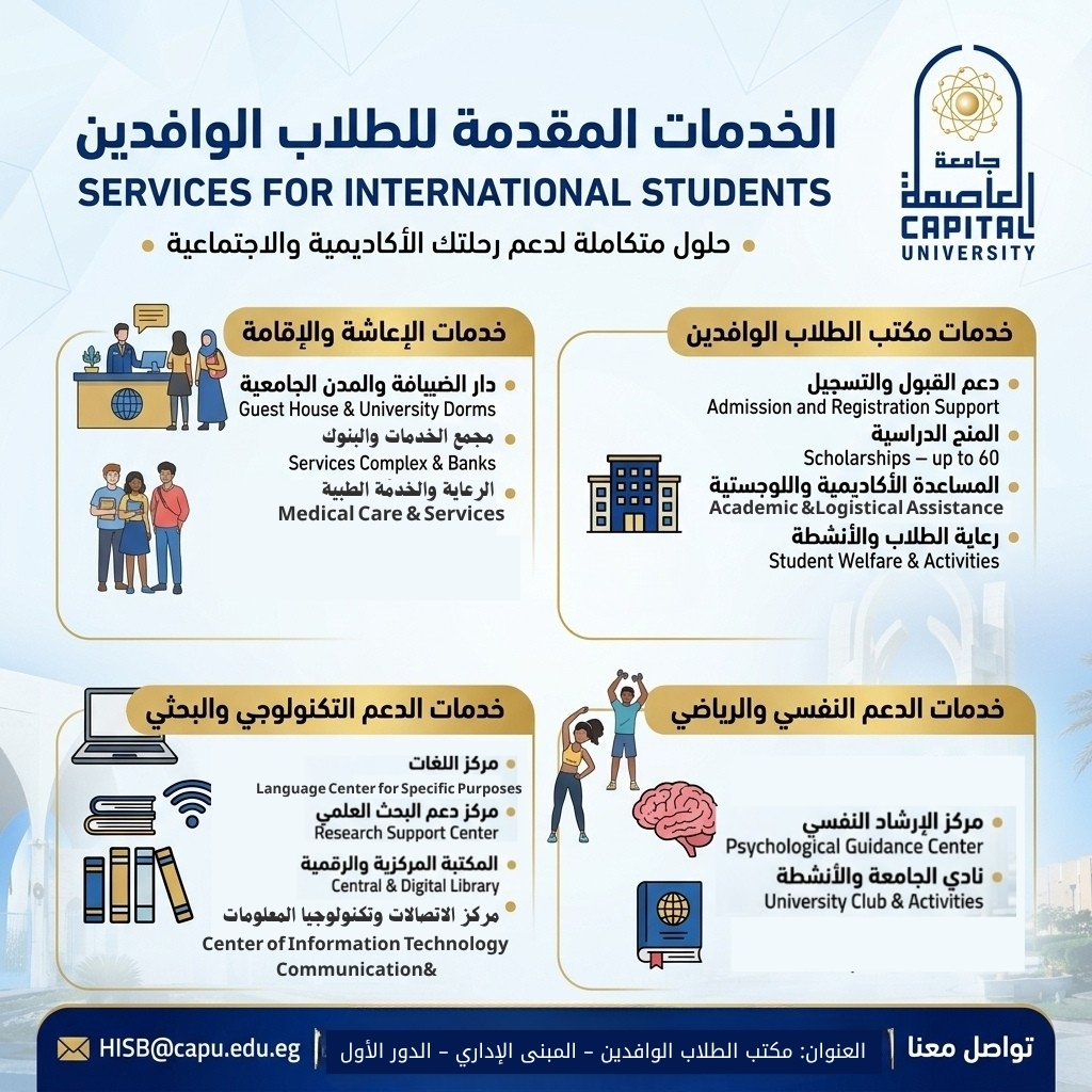 جامعة العاصمة.. منظومة متكاملة لخدمات الطلاب الوافدين من القبول والدراسة إلى السكن والرعاية والحياة الجامعية